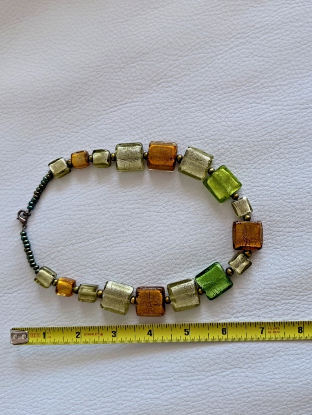 Murano Glass Necklace Square Foil Art Glass Beads Green Gold Amber Italy Vintage - Picture 5 of 8